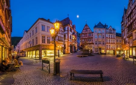 Town in Moonlight - moon, town, lights, lanterns, blue hour, houses