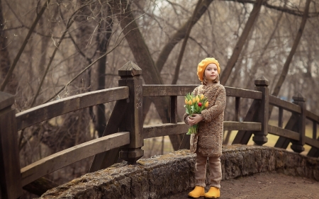 Girl with Tulips - girl, wooden, tulips, bridge, little