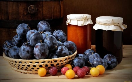 Plums and Jam - jam, pots, still life, plums