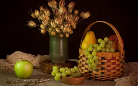 Fruits Still Life - grapes, basket, fruits, still life