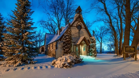 Church on Snowy Hill - hill, trees, snowy, dusk, church