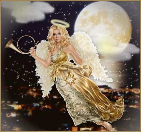 STAR ANGEL - moon, sky, stars, angel, female, night, wings, gold