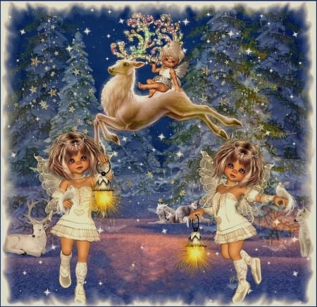 THE CHRISTMAS FOREST - stars, animals, wings, night, females, christmas, wolves, reindeer, forest, fairies, holiday