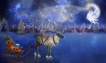 CHRISTMAS - SLED, SKY, BLUE, STARS, MOON, TREE, REINDEER, NIGHT, PRESENTS, ANGEL