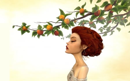 Girl - Garden, Peaches, Art, Branch