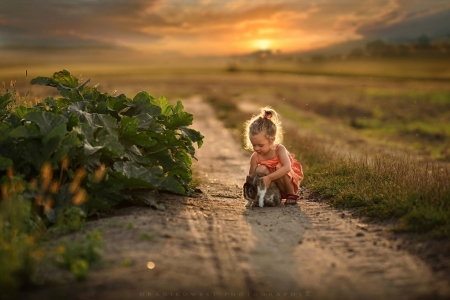 Little Girl - nature, rabbit, sunset, girl