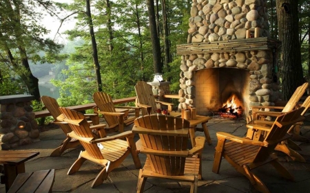 Terrace by Fireplace - chairs, terrace, trees, fireplace