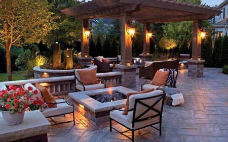 Terrace and Pergola - furniture, lanterns, terrace, pergola, fireplace