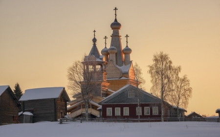 Church in Kimzha, Russia - village, winter, snow, Russia, birches, houses, church