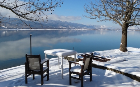 Lake in Winter - trees, winter, snow, chairs, lake