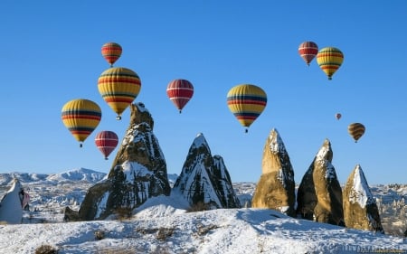 Hot Air Balloons - sky, snow, hot air balloons, winter, rocks