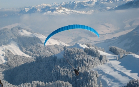 Paragliding over Valley - paraglider, forest, winter, mountains, vallet