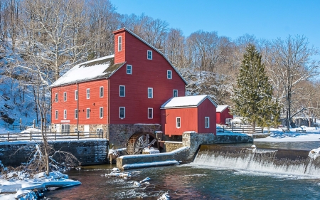 Red Mill in Clinton - forest, river, red, watermill, winter, usa