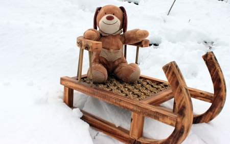 Stuffy Dog in Winter - sledge, stuffy, snow, dog, woody, toy