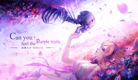 Megurine Luka - skull, bones, girl, pcw, pink, vocaloid, petals, blue, megurine luka, anime, manga, flower