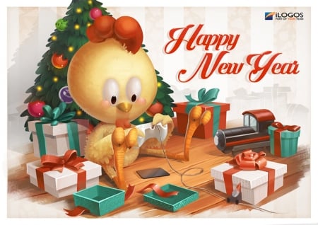 Happy New Year! - anastasiya chorna, child, bird, craciun, christmas, chicken, card, postcard, fantasy, gift, tree, new year