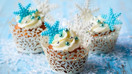 Cupcakes - cake, snow flakes, winter, dessert, food