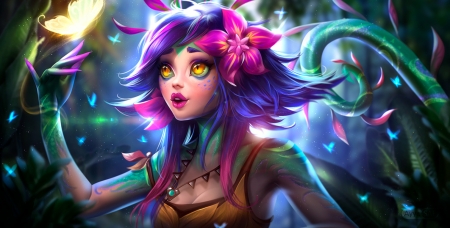 Neeko the curious chameleon - girl, fantasy, butterfly, pink, luminos, blue, neeko, green, ayyasap, chameleon, flower