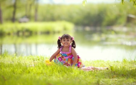 Little Girl - summer, child, pond, grass