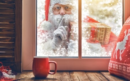 Santa Claus by Window - Christmas, Santa Claus, cup, window