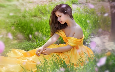 Girl - Grass, Dress, Girl, Look