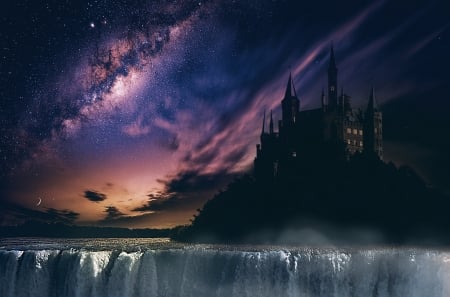 Beyond the stars - space, sky, waterfall, castle, galaxy, stars, night