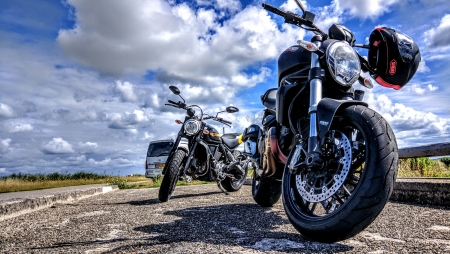 Nice day for biking - clouds, bikes, road, 4k, sky, wallpaper