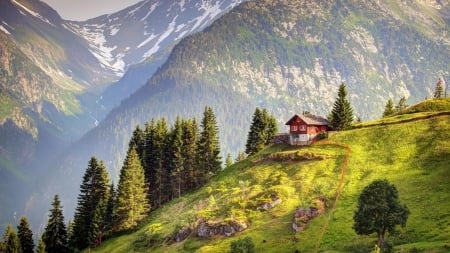   Little shacks - nature, hillside, alps, mountains, house, cabin