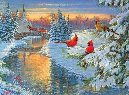 Holidays Crossing - xmas and new year, crossing, winter, christmas, cardinals, love four seasons, holidays, rivers, paintings, bridges, sunrise, horse carriage