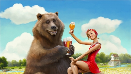 Salud! - beer, brown, girl, drink, bear, fantasy, urs, funny, red, cheers, situation, salud, luminos