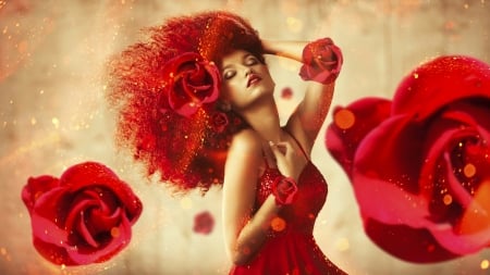 Redhead - pretty, roses, photography, girl, fantasy, red, digital, woman, model, art, wallpaper