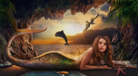 Mermaid in Cave - dolphin, girl, fantasy, sunset, mermaid, digital, woman, art, sirene, wallpaper