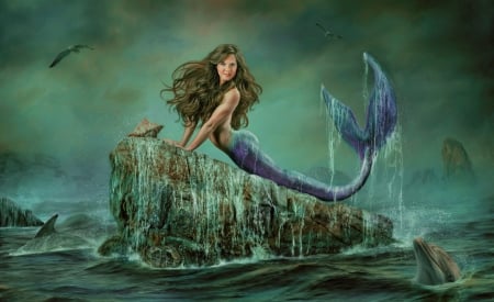 Mermaid in Storm - digital, wallpaper, fantasy, storm, mermaid, girl, woman, art