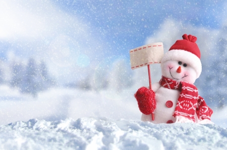 Snowman - red, winter, iarna, craciun, scarf, snowman, christmas, blue, white, card, hat, snow