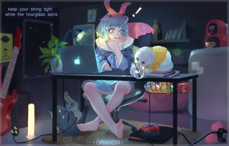 :-) - stuff, girl, laptop, cat, pisici, computer, anime, grandia, manga