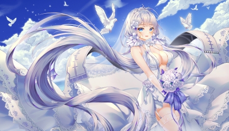 Bride - bird, bride, anime, blue, dove, girl, flower, bouquet, manga, white