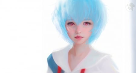 Rei Ayanami - ruoxin zhang, anime, blue, girl, rred, frumusete, fantasy, white, rei ayanami, face, luminos