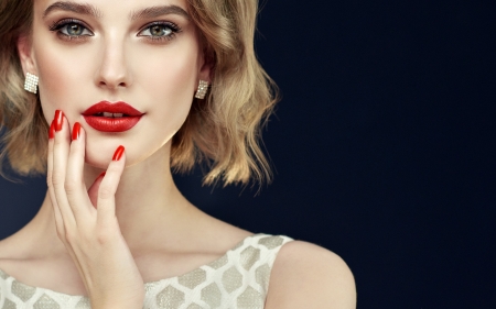 Beauty - girl, manicure, lips, hand, red, woman, model, face, ggirl