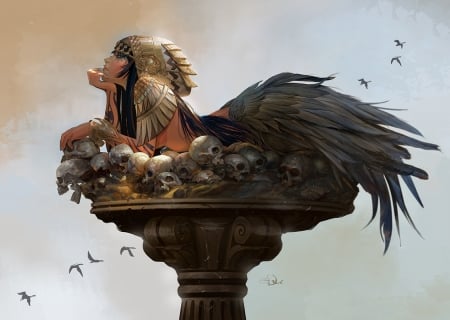 The sphinx - bird, fantasy, eduardo francisco, girl, feather, art, sphinx, skull