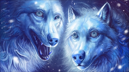 Wolves - white, wolf, fantasy, lup, couple, blue