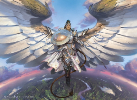 Angel - angel, victor adame, fantasy, white, shalai, wings, art, shield, luminos