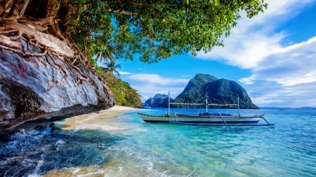 Rocking Boats - trees, coast, beach, sea, boats, nature, palawan, philipines, sky