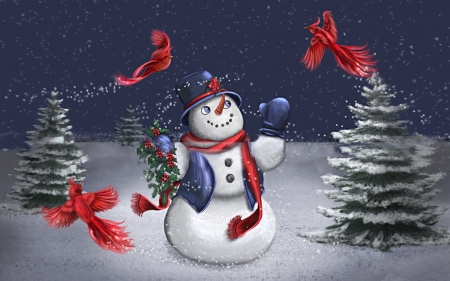 Holiday Snowman - snowman, winter, christmas, cardinals, holidays, snow, pine trees, happy, birds