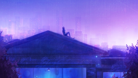 :-) - pink, silhouette, girl, blue, fantasy, roof, city, rico de zoysa, luminos