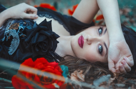 Beauty - black, javier jayma, woman, red, model, girl, rose, flower