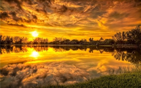 Lovely sunset - stream, sky, sunset, clouds