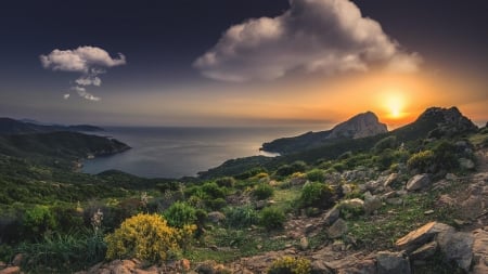 Corsica Sunset,France - nature, sky, france, clouds, sunset, sea, coast