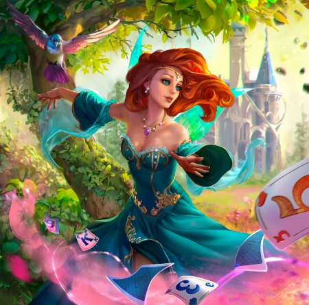 Fairy - princess, redhead, girl, fantasy, bird, sunstrike studios, luminos, castle, blue, green, fairy