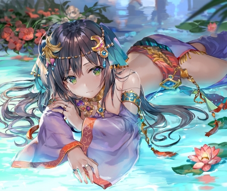 :-) - lotus, anime, water, blue, girl, momoko, flower, orange, manga