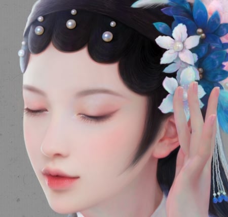 Kunqu Opera girl - frumusete, asian, fantasy, kunqu opera girl, face, ruoxin zhang, luminos, hand, flower